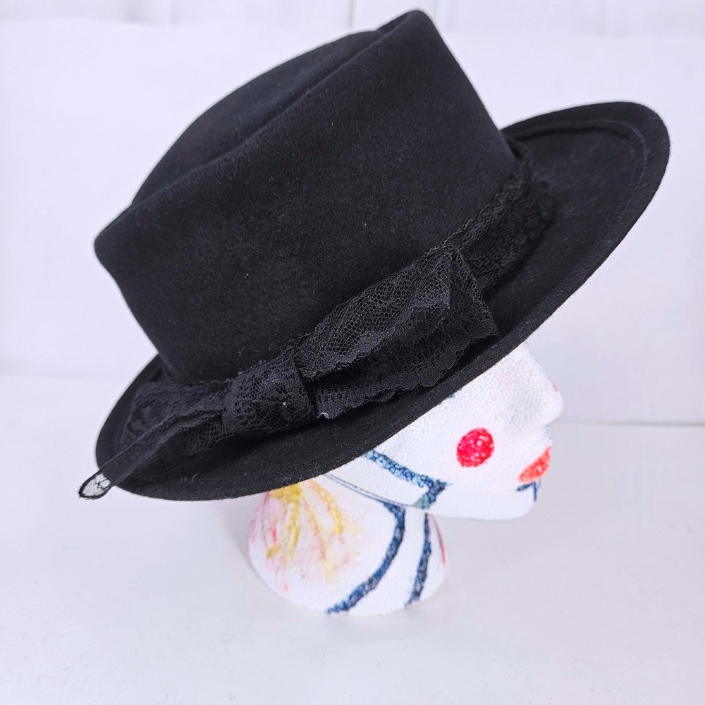 Vintage Black 100% Wool Pork Pie Gambler Hat Lace Bow Band Fedora Dark Academia